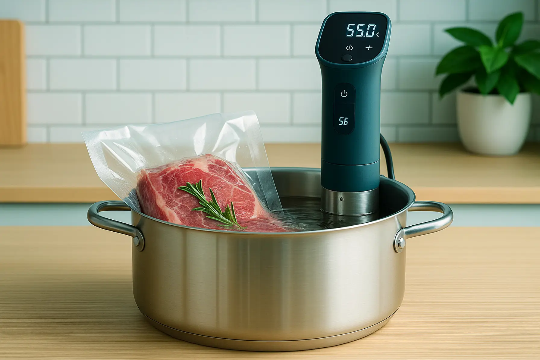 Sous-vide cirkulator og vakuumpakket kød i vandbad i lyst køkken