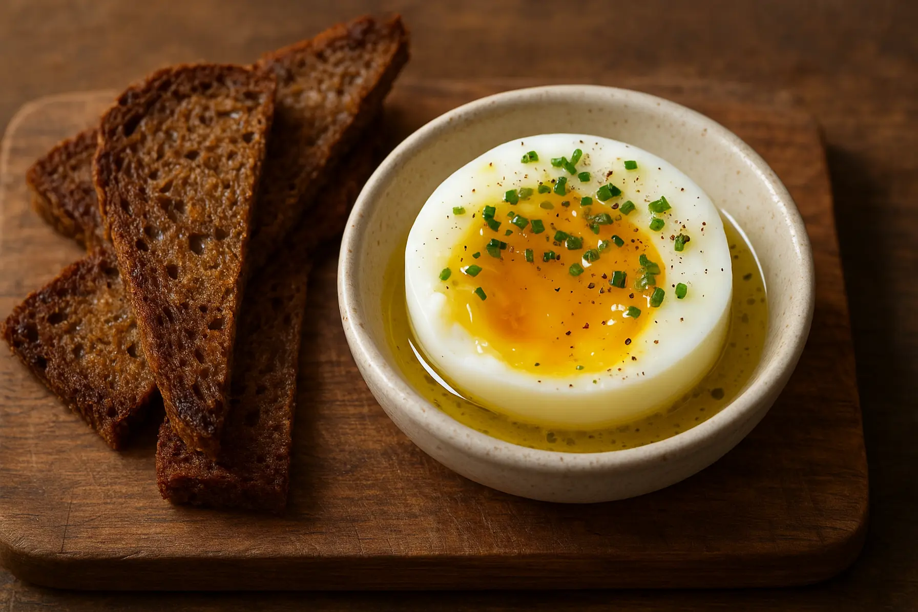 Æg ved 63°C med trøffelolie og sprødt rugbrød