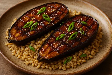 Aubergine sous-vide med miso og perlebyg