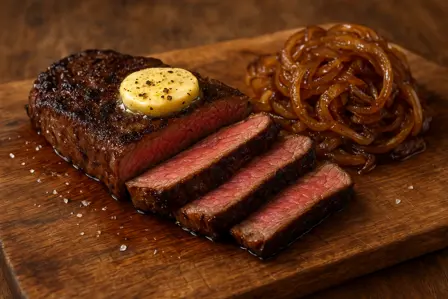 Bavette med karamelliserede løg og pebersmør