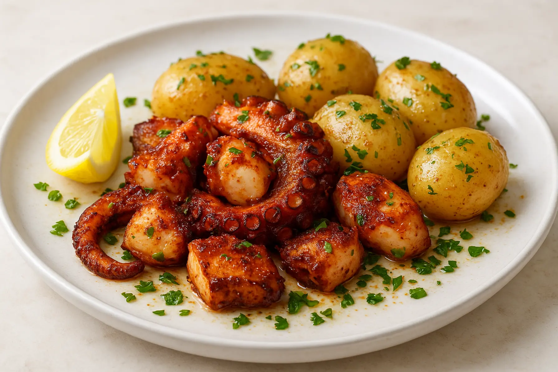 Blæksprutte med røget paprika og nye kartofler