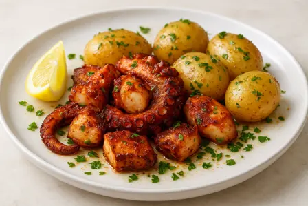 Blæksprutte med røget paprika og nye kartofler