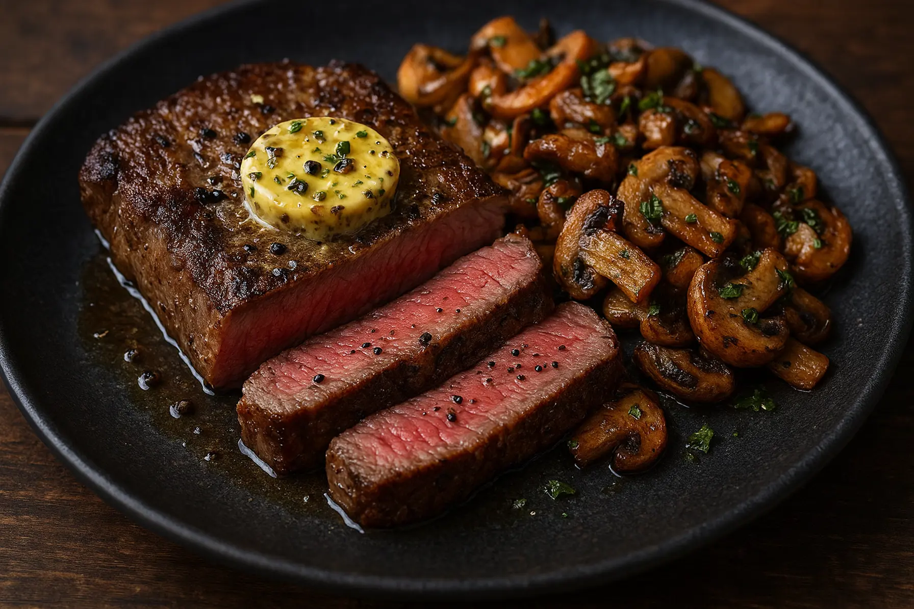 Entrecôte med pebersmør og sprøde svampe