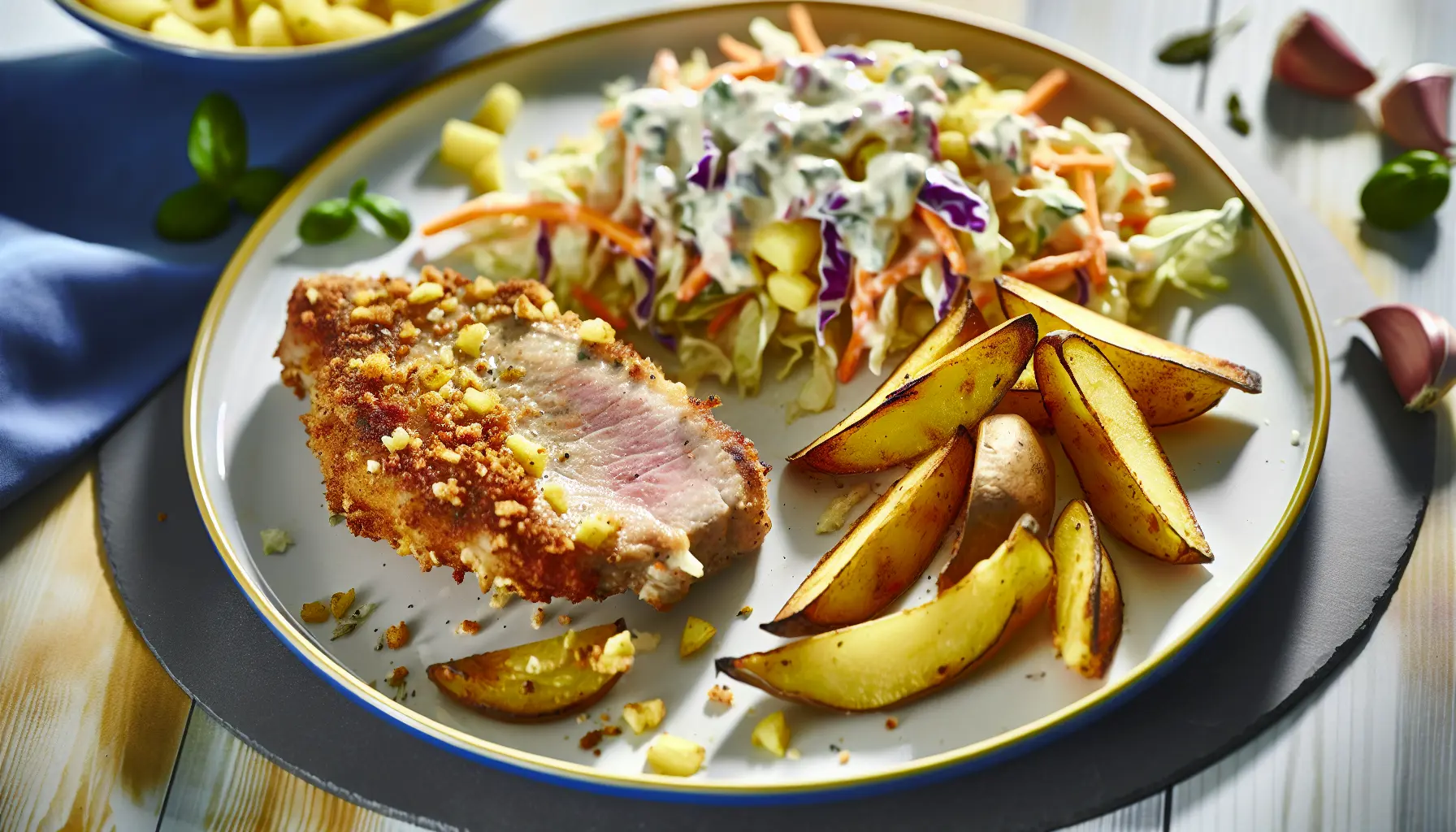 Fyldt svinekotelet med krydret coleslaw og sprøde kartofler
