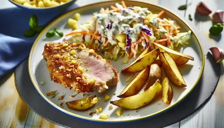 Fyldt svinekotelet med krydret coleslaw og sprøde kartofler