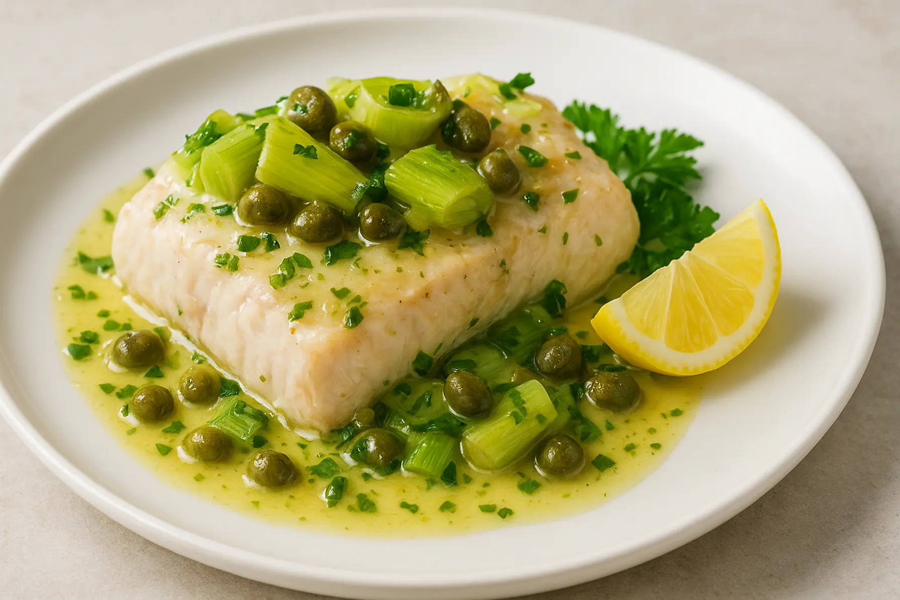 Havtaske med porre og kapers