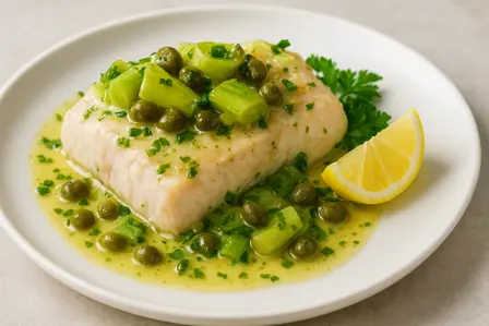 Havtaske med porre og kapers