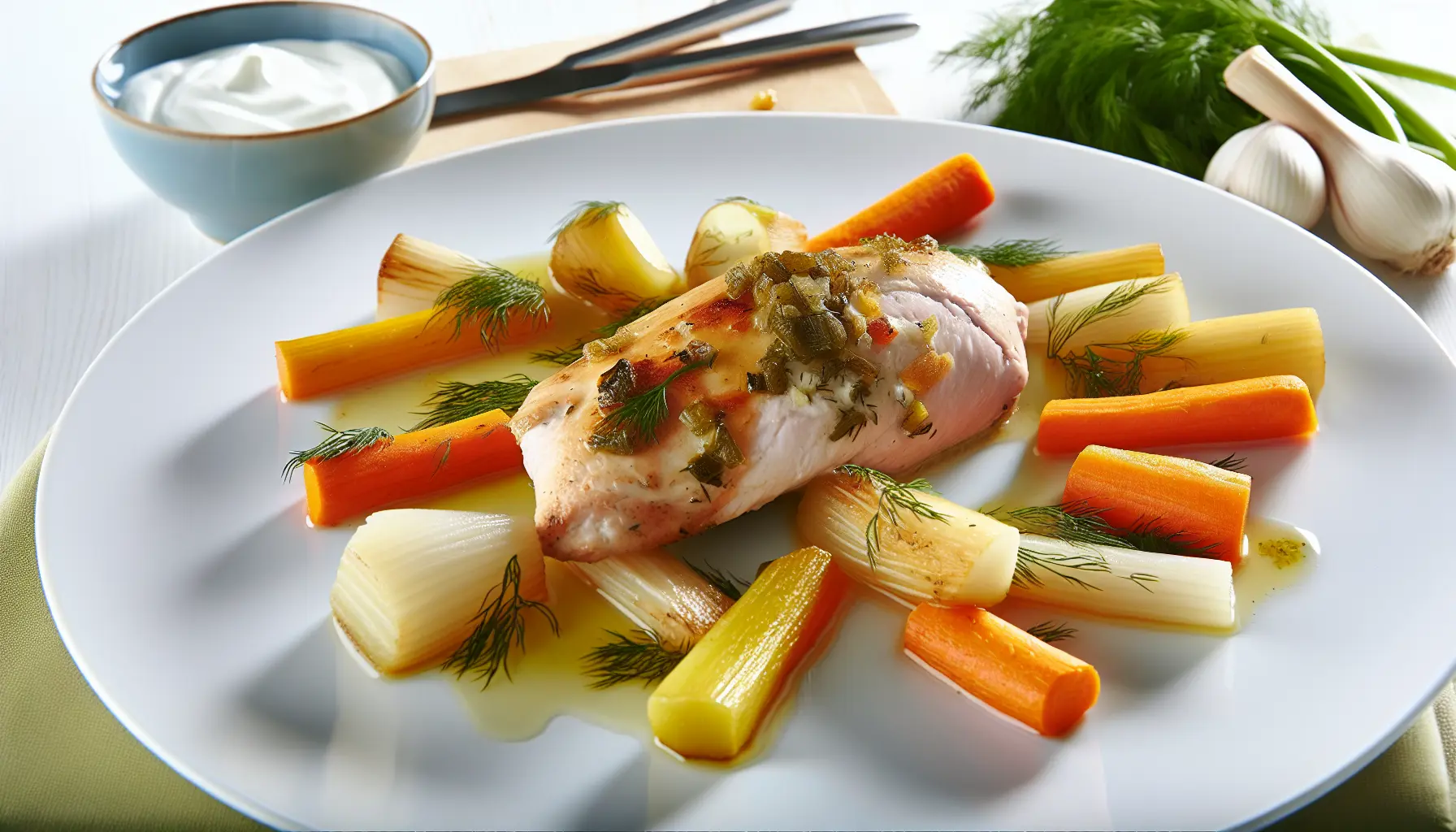 Helstegt kyllingebryst med bagte rodfrugter og dilddressing