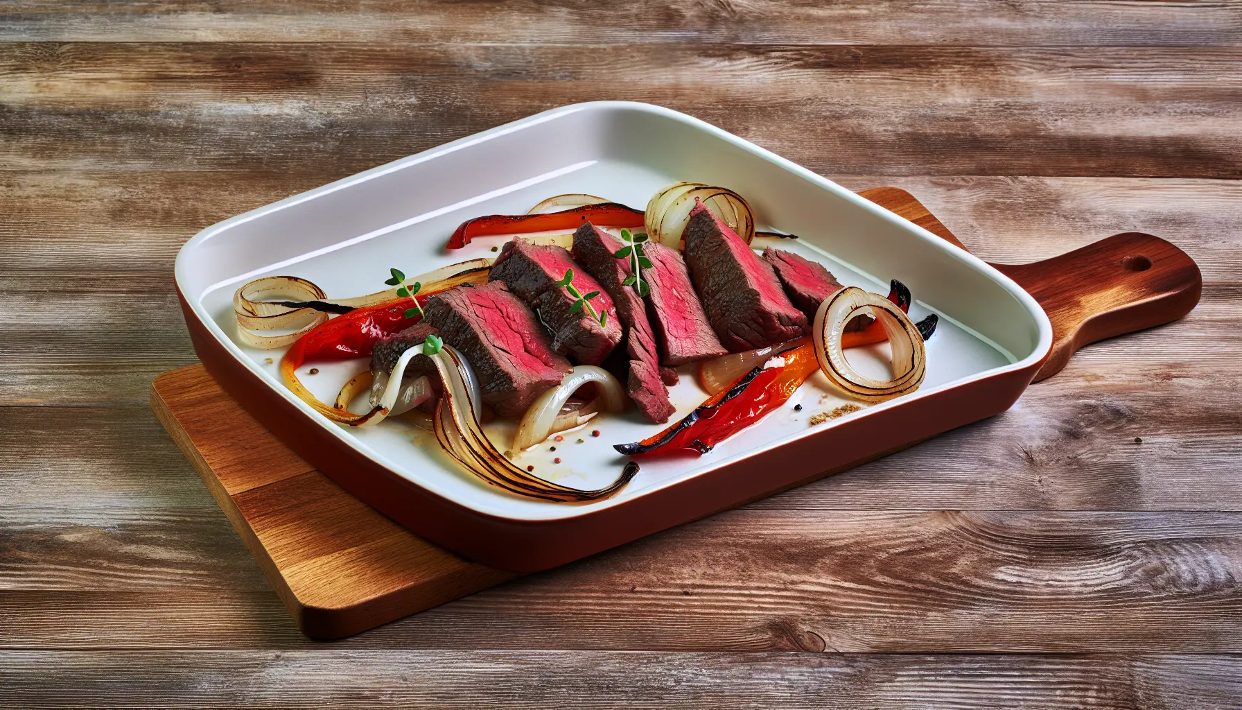 Helstegt oksebavette med karamelliserede løg og grillet peberfrugt
