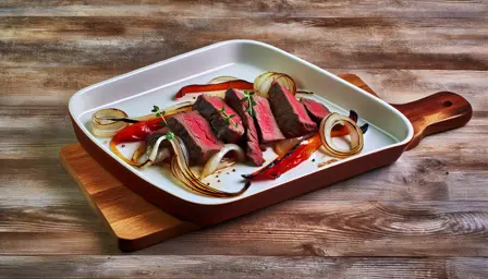 Helstegt oksebavette med karamelliserede løg og grillet peberfrugt