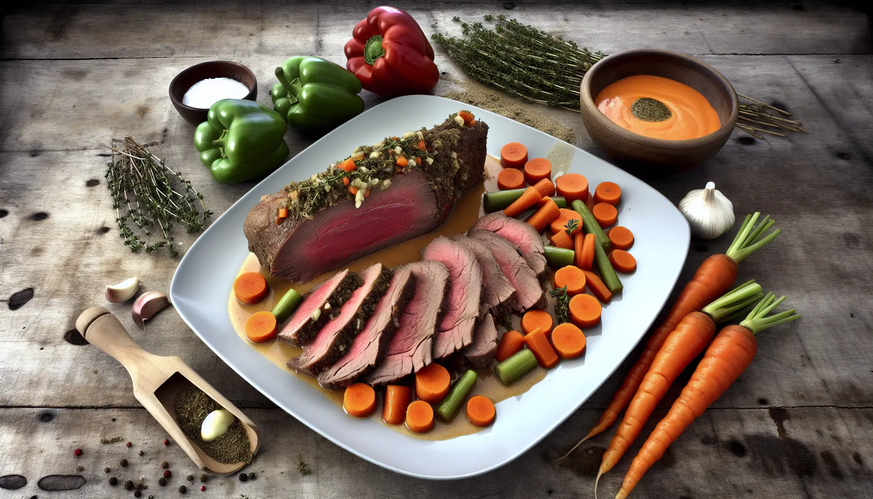 Helstegt okseculotte med sous-vide dampede gulerødder og pebersauce