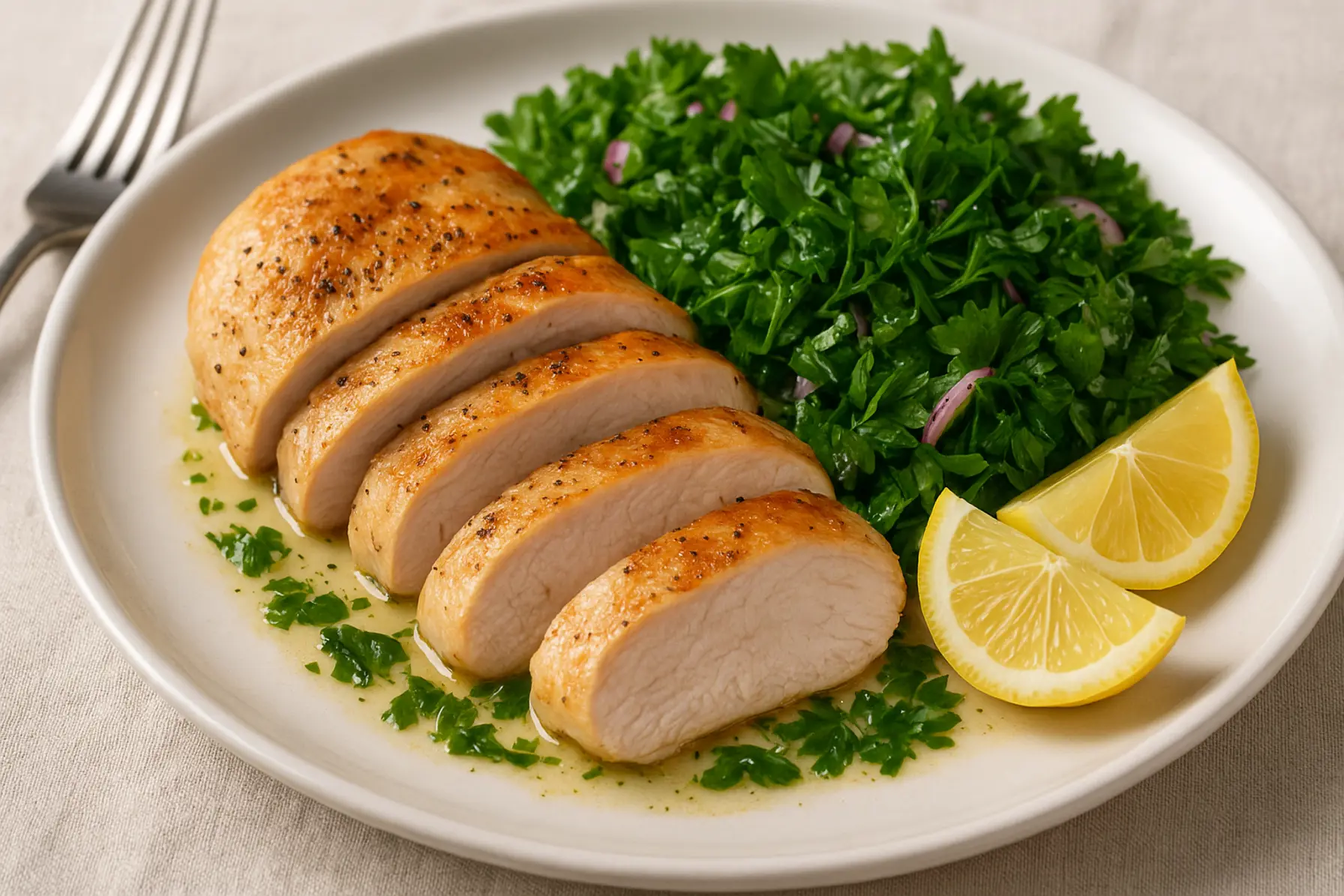 Hurtigt kyllingebryst med citron og persillesalat