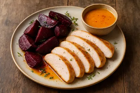 Kalkunfilet med bagte rødbeder og krydret appelsinsauce