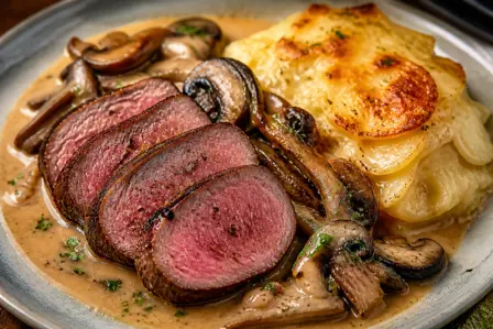 Kalvefilet med svampe og kartoffelgratin