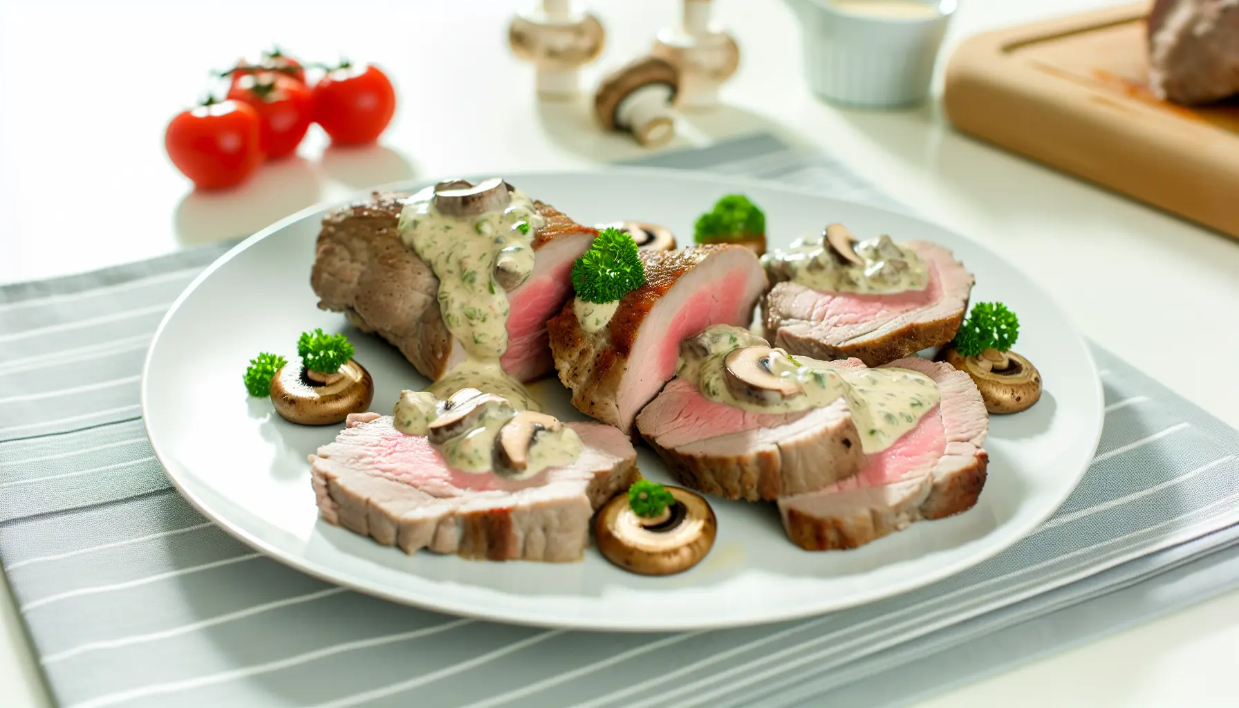 Kalveinderlår med svampe og cremet persillesauce