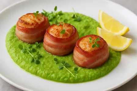 Kammuslinger med bacon og let ærtemousse