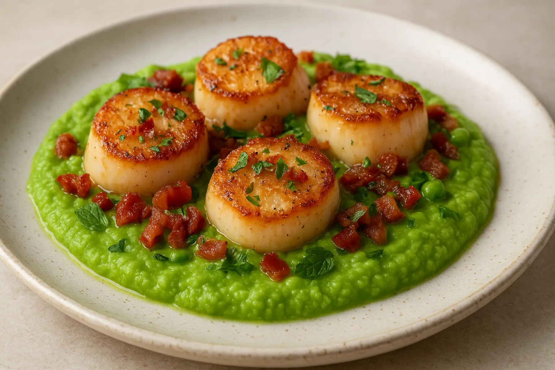 Kammuslinger med citron-ærtepuré og pancetta