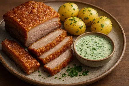 Knasende flæsk med persillesovs