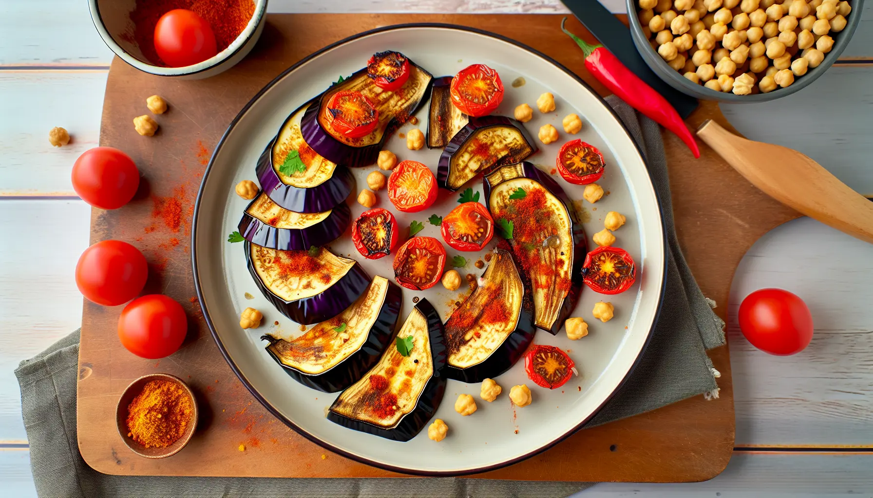 Krydret aubergine med bagte tomater og ristede kikærter