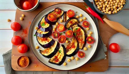 Krydret aubergine med bagte tomater og ristede kikærter