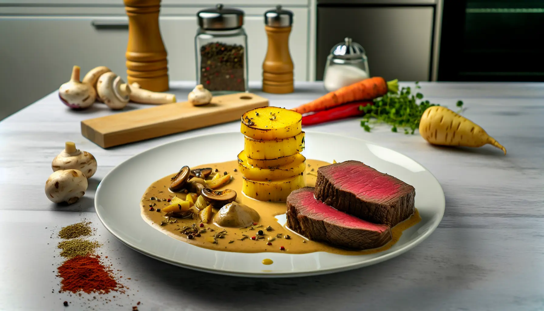 Krydret oksefilet med bagte pastinakker og svampesauce