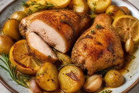 Kyllingelår med citron, hvidløg og kartofler