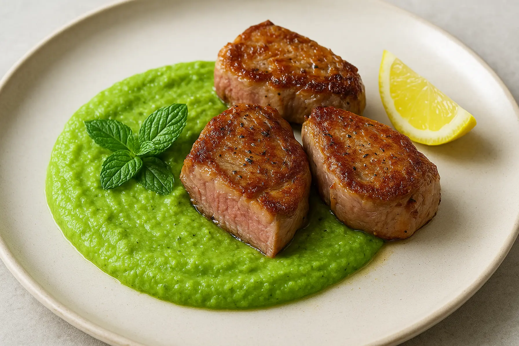 Lammekoteletter confiteret med mynte-ærtepuré