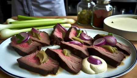 Langtidsmør oksebryst med syltede løg og sellerimos