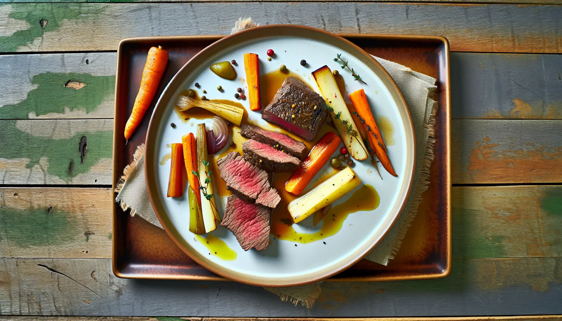 Langtidsmør okseflanksteak med rodfrugter og pebersauce
