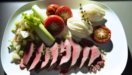 Langtidsmørt kalvebryst med syrlig sellerisalat og bagte tomater