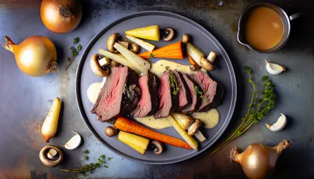 Langtidsmørt oksebryst med ristede rodfrugter og svampesauce