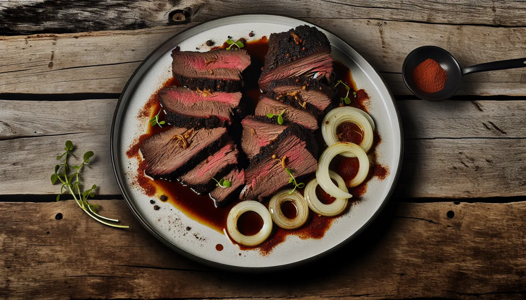 Langtidsmørt oksebryst med røget paprika og glaserede løg