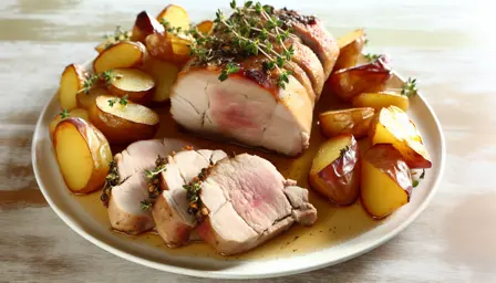 Langtidsmørt svinekam med timianglace og sprøde kartofler