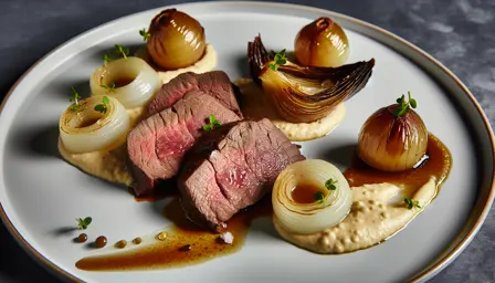 Langtidsstegt oksefilet med ristet jordskokpuré og glaserede perleløg