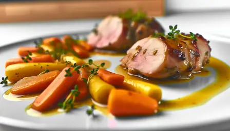 Langtidstilberedt nakkefilet med sennepsglace og timiangulerødder