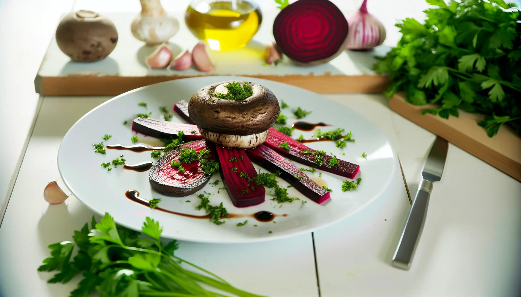 Langtidstilberedte portobellosvampe med balsamico og grillede rødbeder