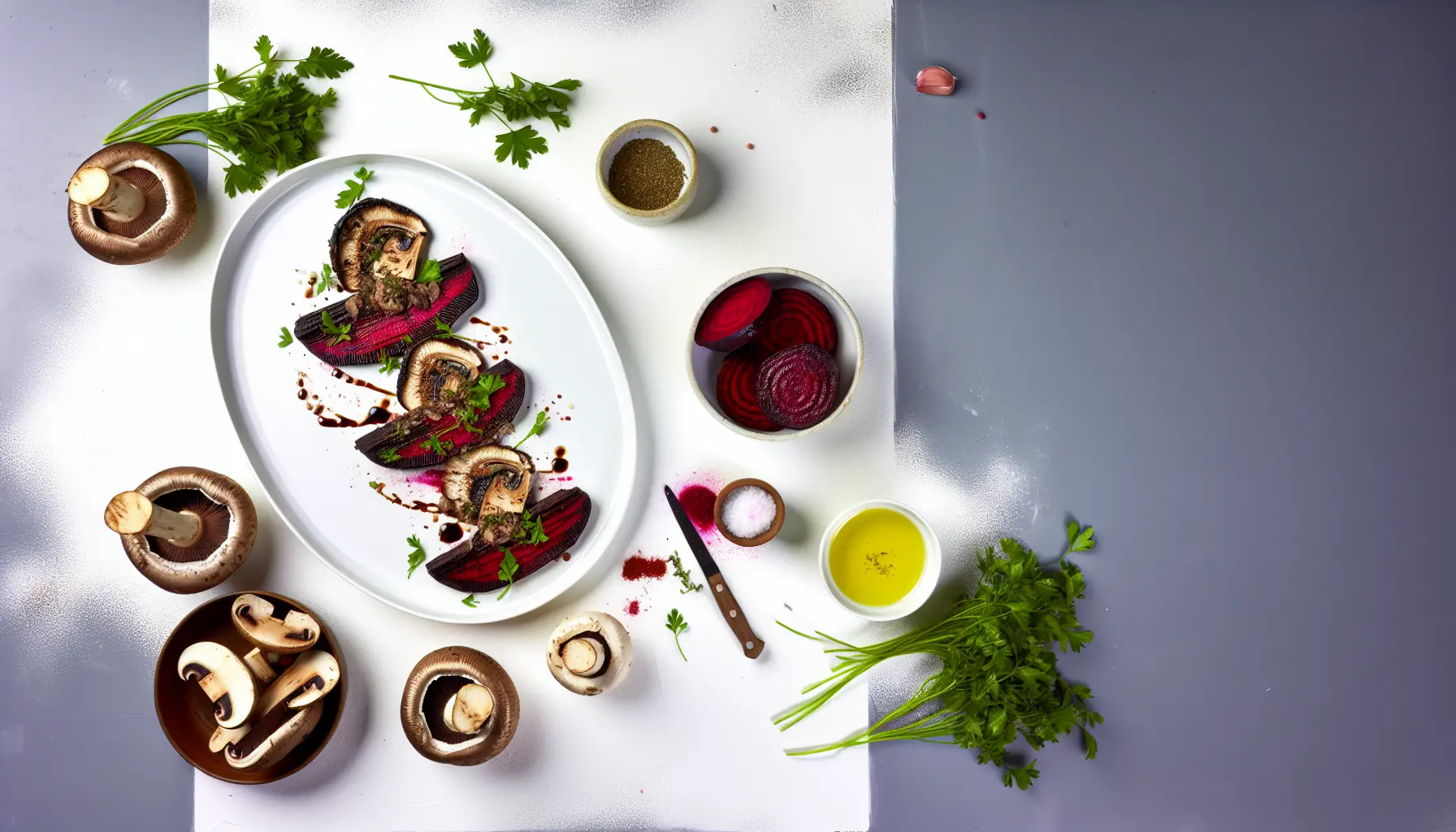 Langtidstilberedte portobellosvampe med balsamico og grillede rødbeder