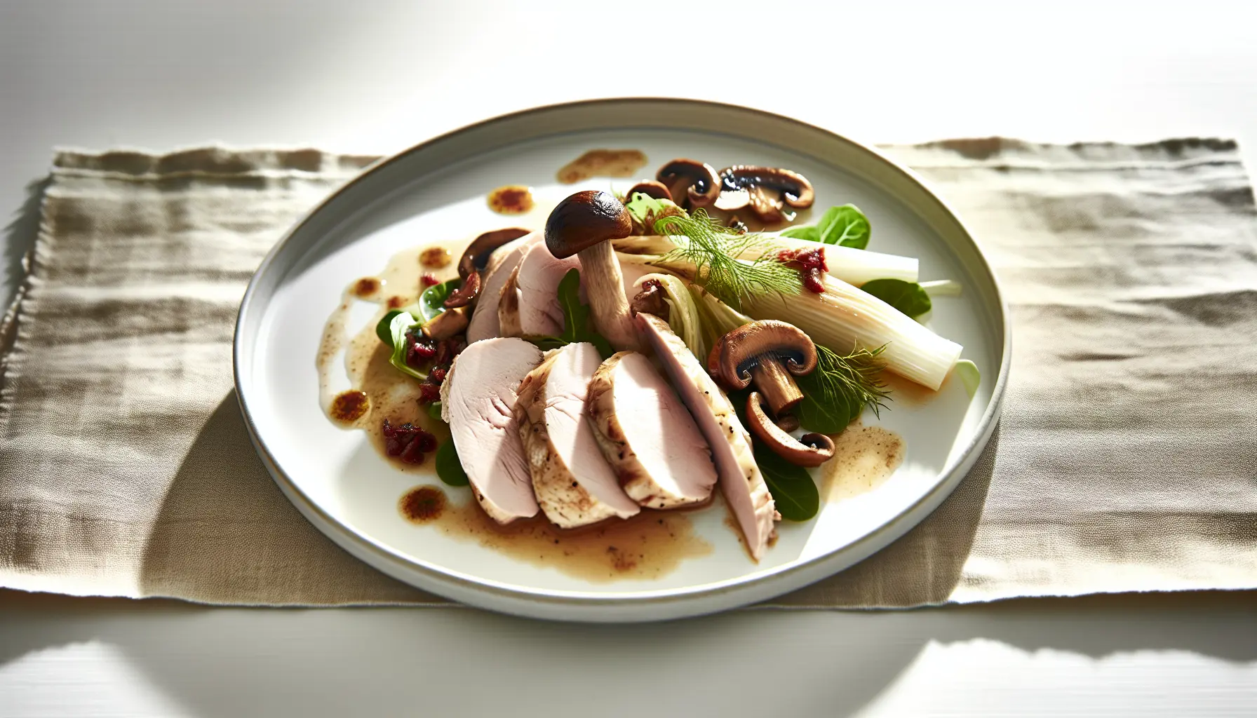 Langtidsvarmet kalkuninderlår med svampe og fennikelsalat