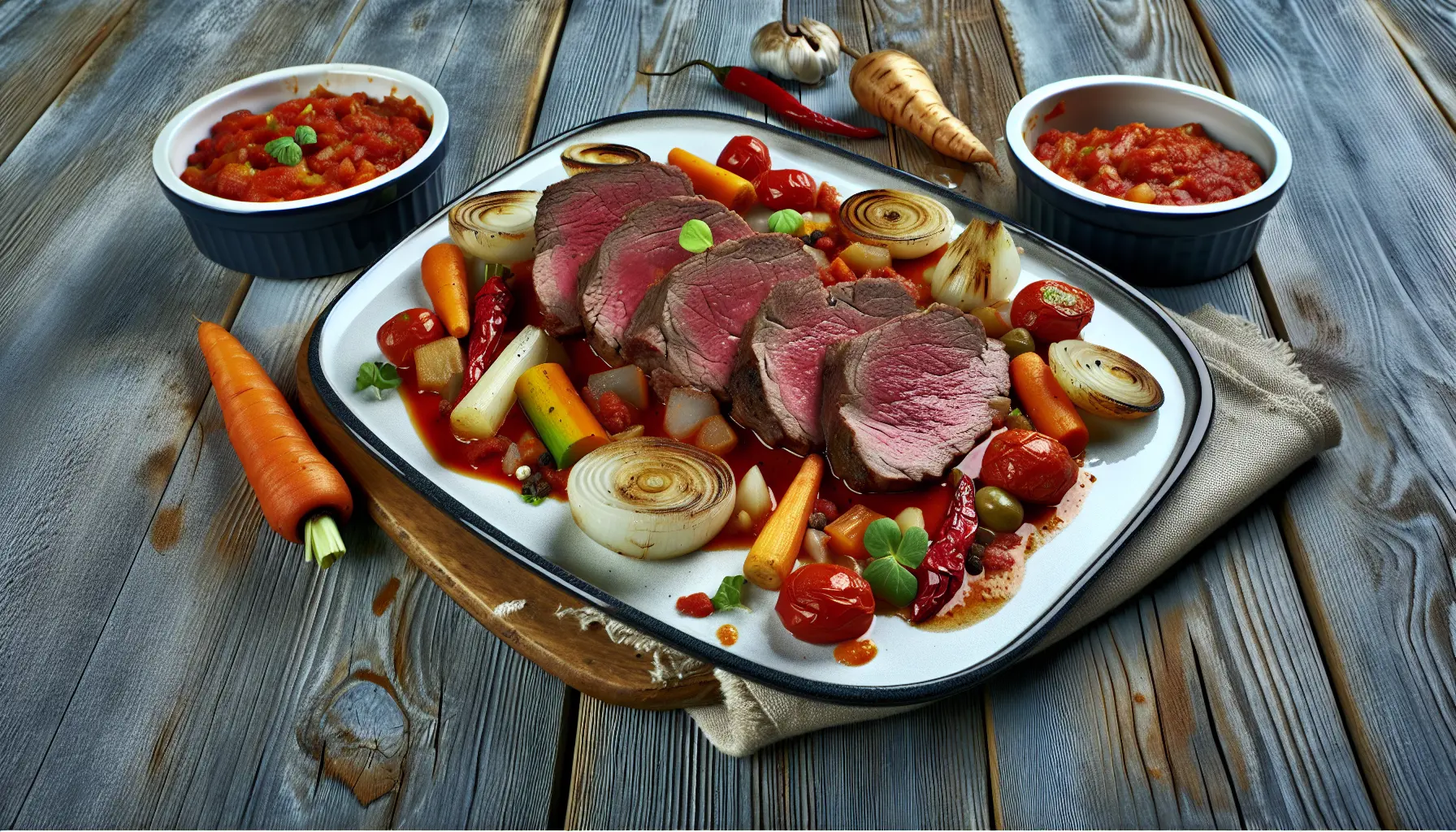 Langtidsvarmet kalveculotte med pikant tomatsauce og ovnbagte rodfrugter