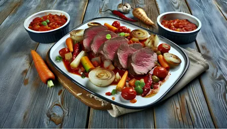 Langtidsvarmet kalveculotte med pikant tomatsauce og ovnbagte rodfrugter