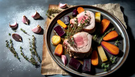 Langtidsvarmet nakkefilet med timian og bagte rodfrugter