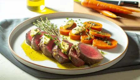 Langtidsvarmet oksefilet med urtesmør og honningglaserede gulerødder