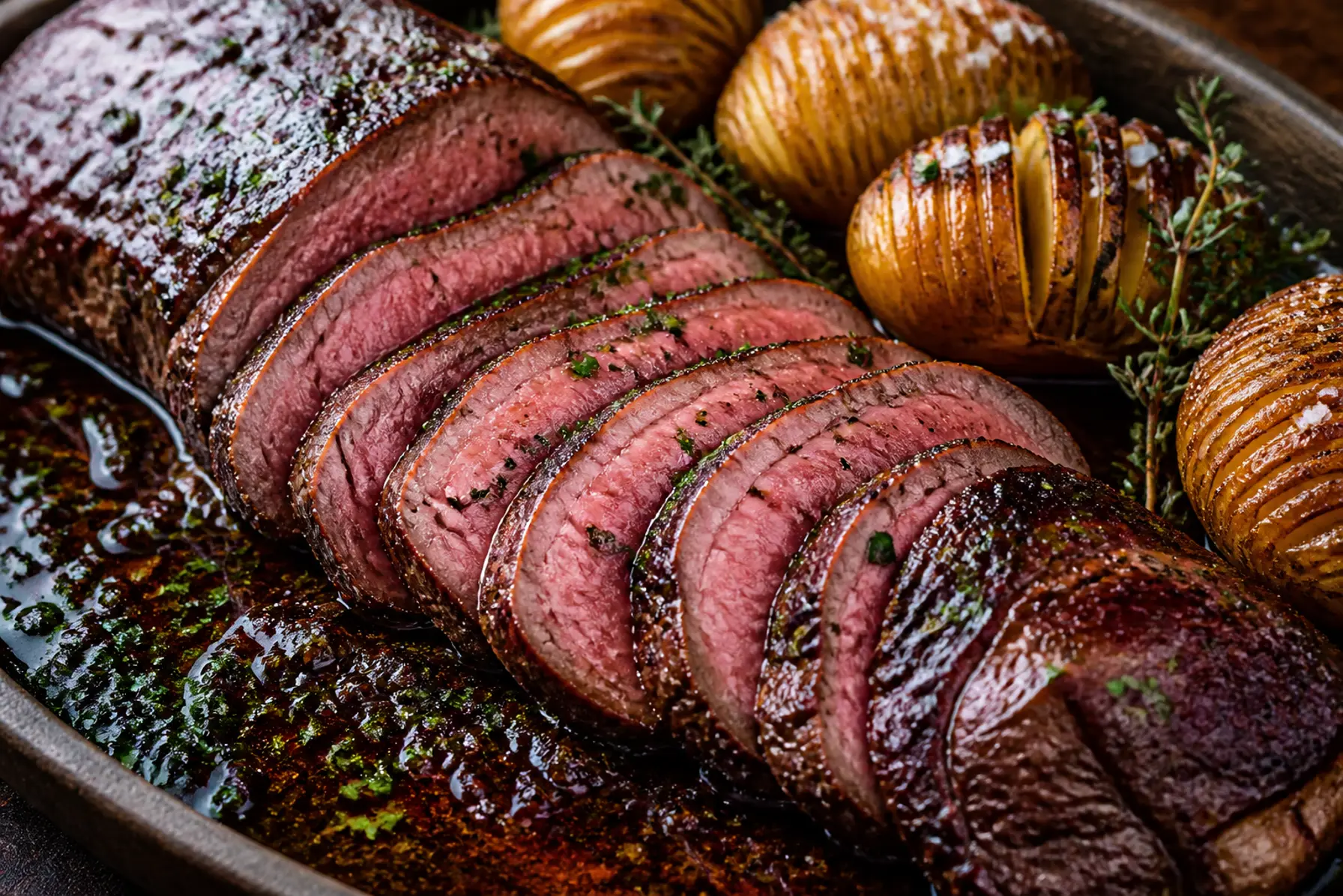 Mør culotte med rødvinssauce og hasselbackkartofler
