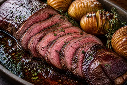 Mør culotte med rødvinssauce og hasselbackkartofler
