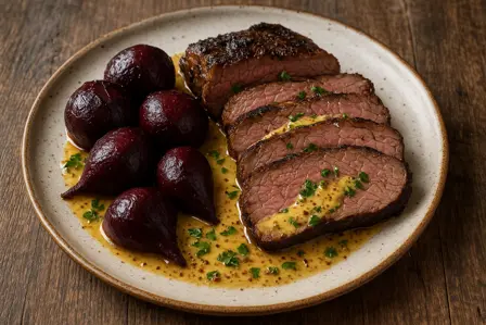 Mørt oksebryst med rødbeder og sennepsvinaigrette