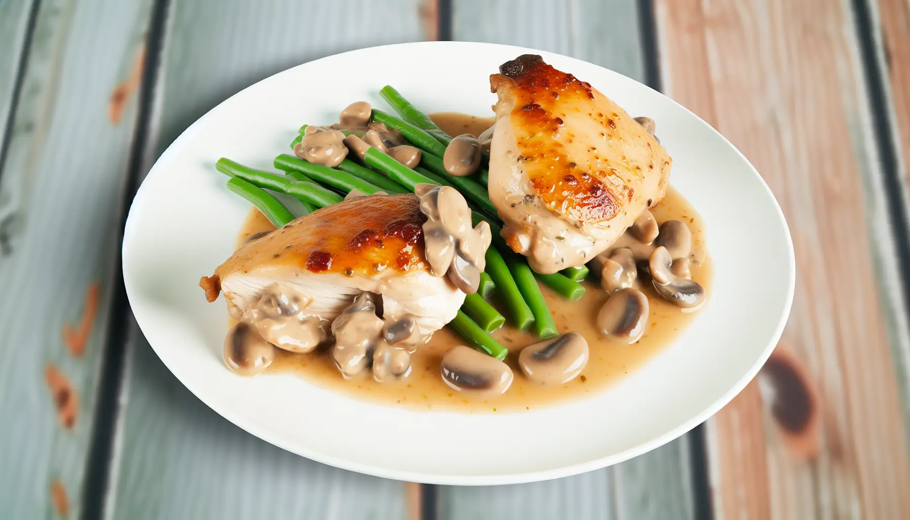 Nøjagtigt tilberedt kyllingelår med cremet champignonsauce
