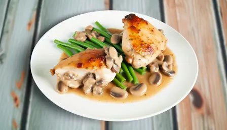 Nøjagtigt tilberedt kyllingelår med cremet champignonsauce