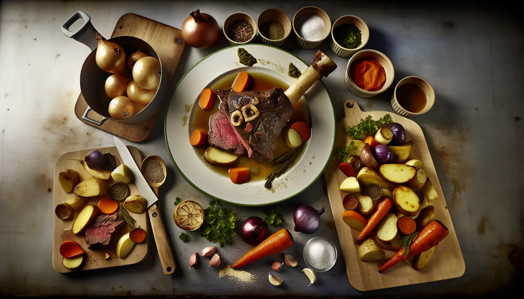 Nøjagtigt tilberedt okseskank med bagte rodfrugter og salviesauce
