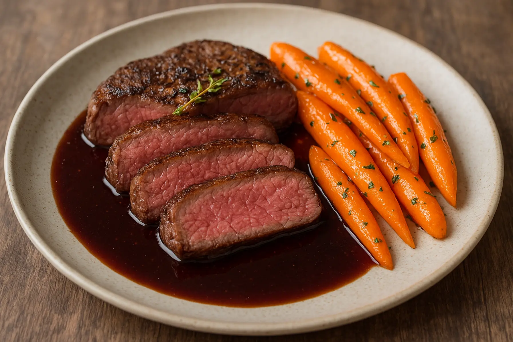 Okseculotte med portvinssauce og glaserede gulerødder