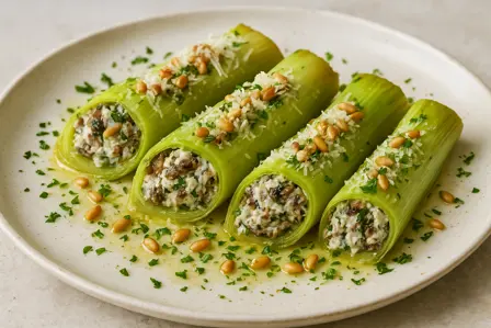 Porrepakker med svampe, ricotta og ristede pinjekerner